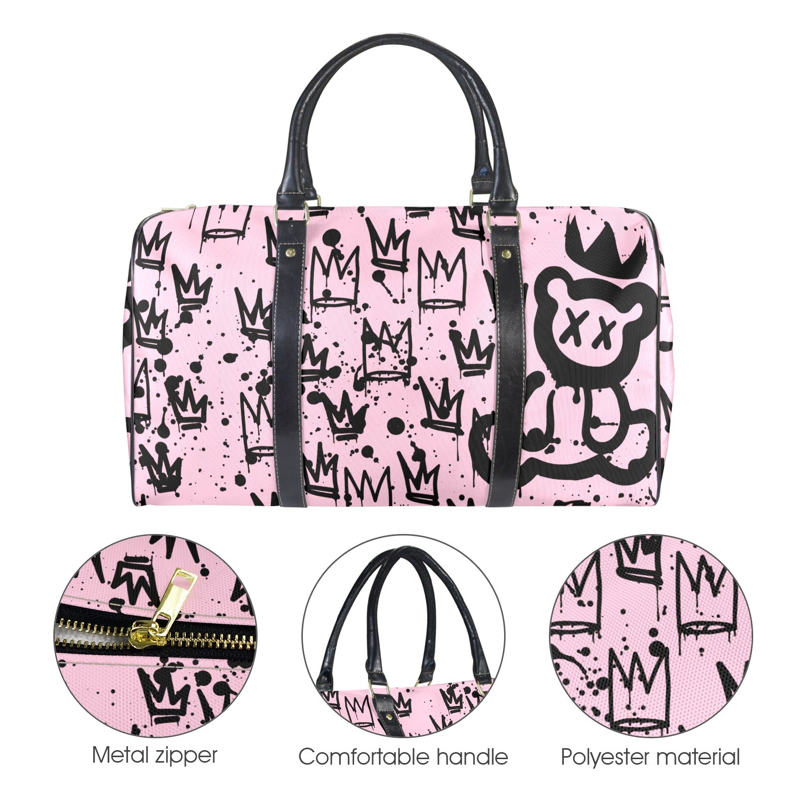 Pink and Black Crown Bear Duffle Travel Bag image 3