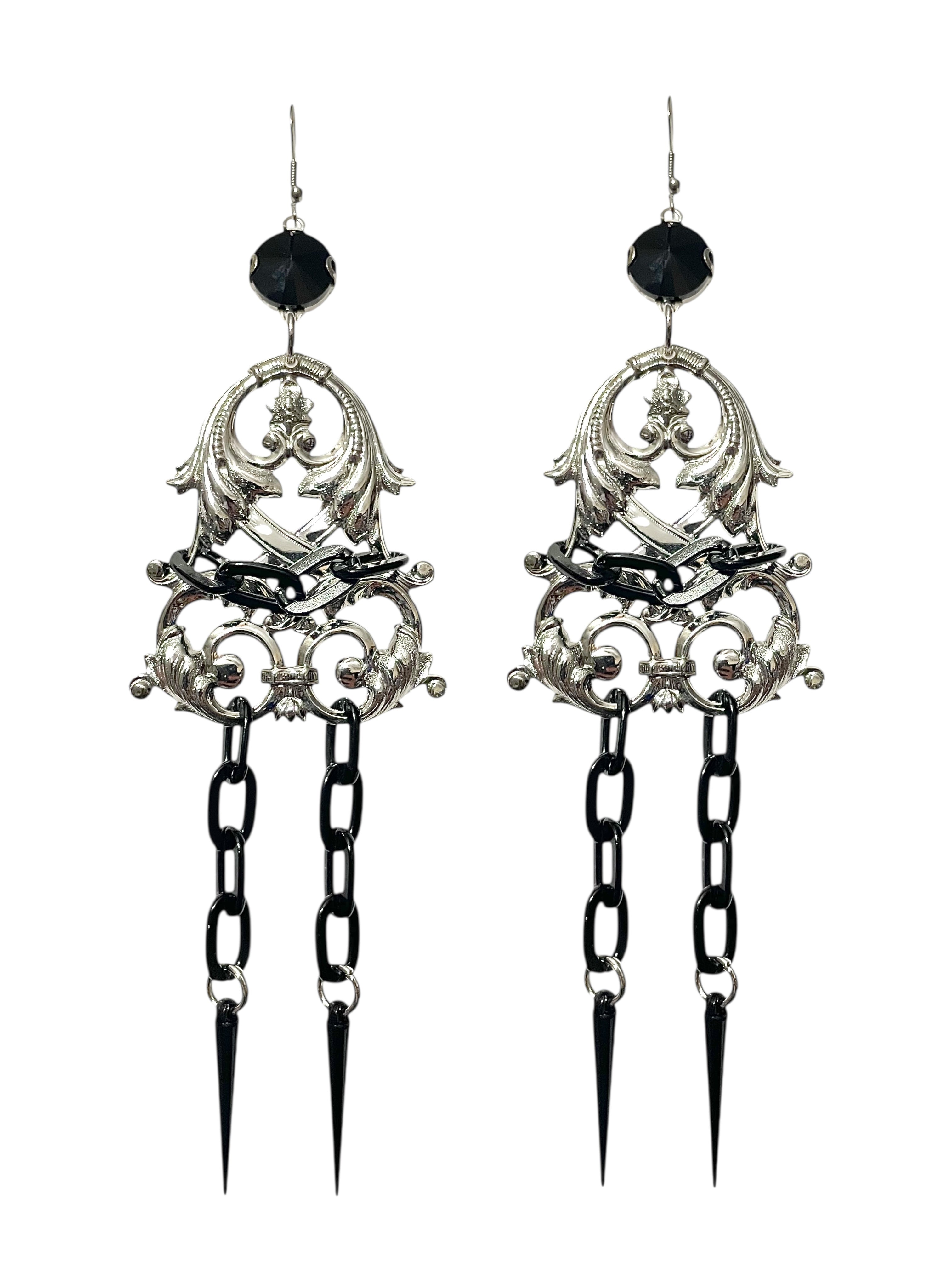 Silver and Black Chained Spiked Earrings image 0