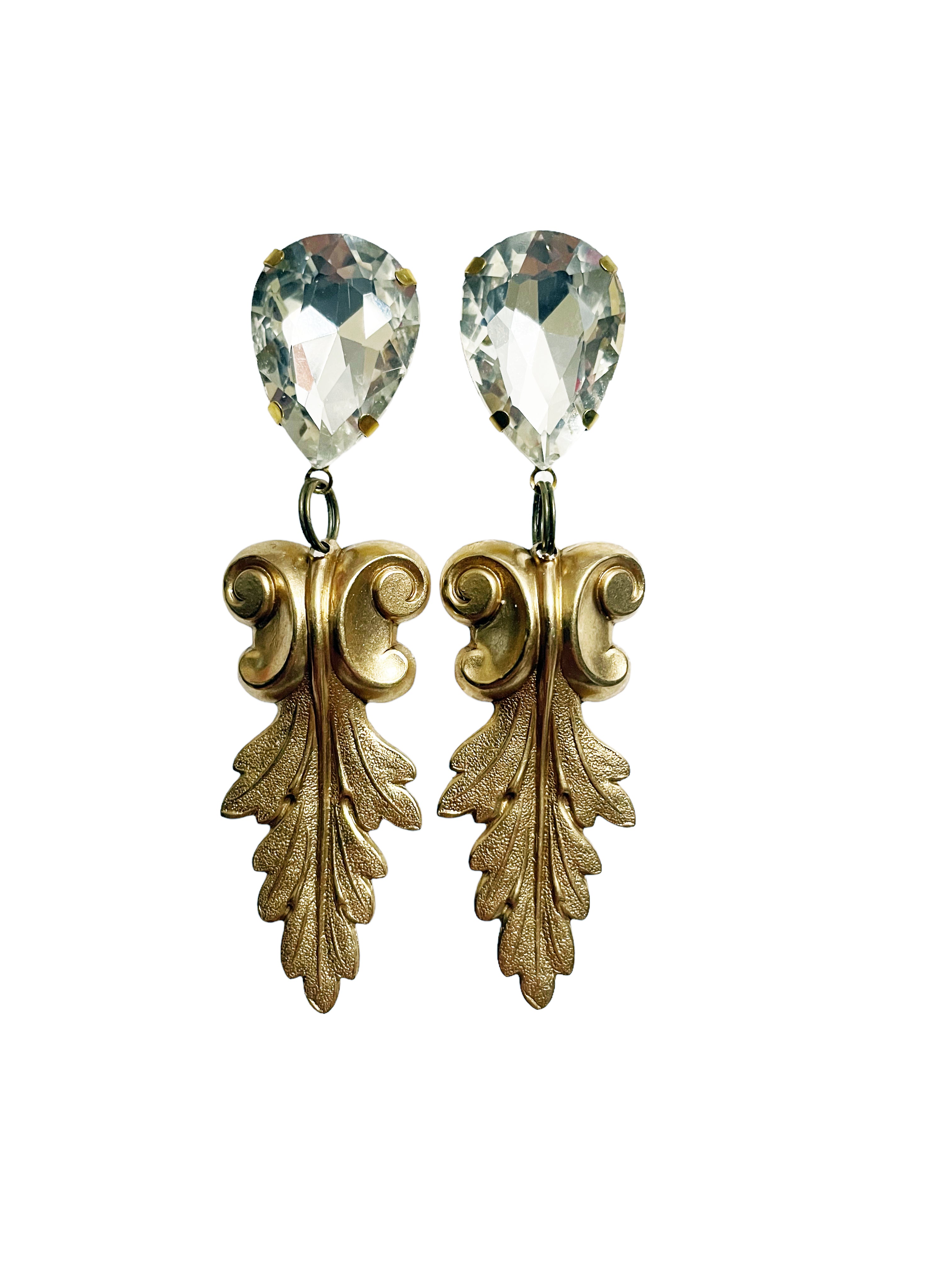 Gold Leaf Rhinestone Drop Earrings image 0